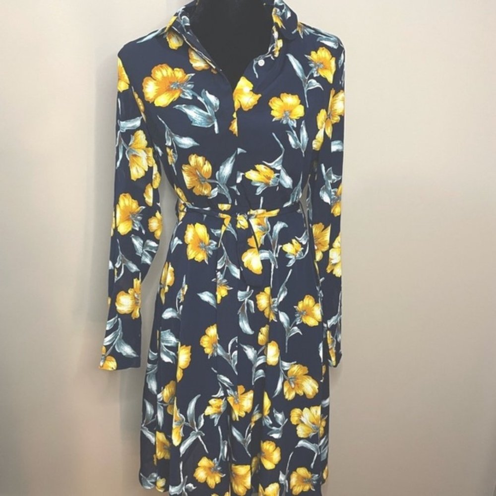 Acevog Navy and Yellow Floral Collared Button Front Knee Length Dresss